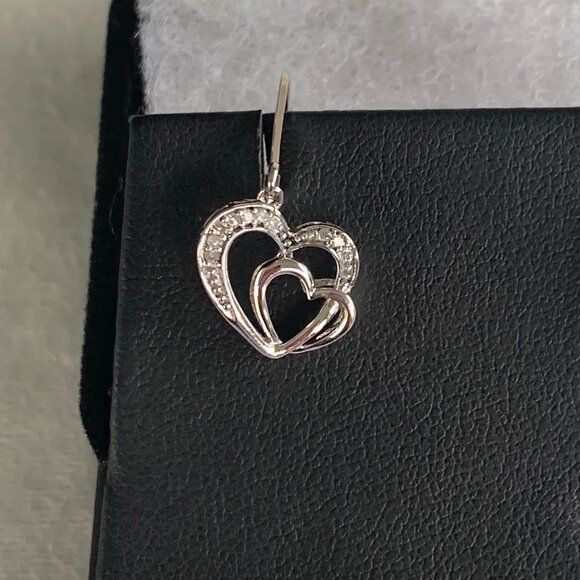 Womens Interlocking Twin Heart Design Diamond Silver Drop Earrings #925 - New - Picture 4 of 14